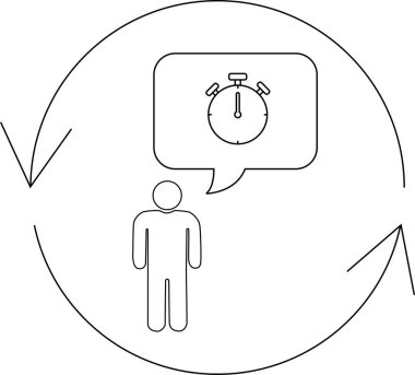 Bir insan sürekli bir döngü içinde bir düşünce balonunda kronometre tarafından temsil edilen zaman yönetimi hakkında düşünüyor..
