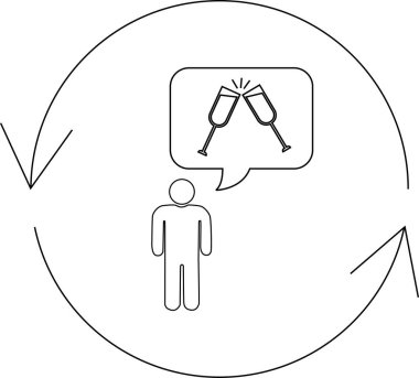 İçinde şampanya kadehleri olan bir konuşma balonu olan basit bir çizim dairesel, döngüsel bir okun içinde geçiyor..