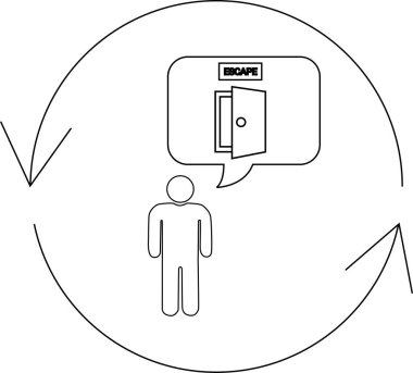 Basit bir çizim, açık bir kapıdan kaçmayı hayal eden bir insanı döngüsel bir süreçte tasvir eder..