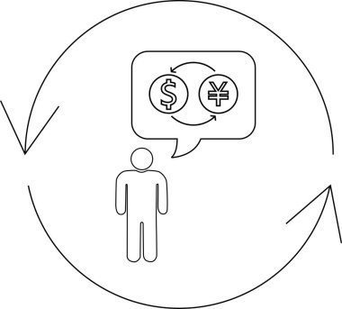 Basit bir çizim, ABD doları ile Japon yeni arasında dairesel bir okla çevrili para değişimi tasarlayan birini resmediyor..