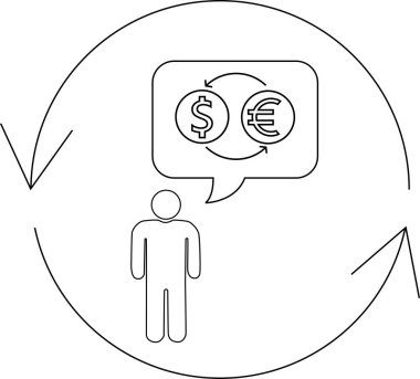 Döviz kurunu gösteren basit bir çizgi, dolarları dairesel akış içinde avroya çevirmeyi düşünen bir kişinin yer aldığı..