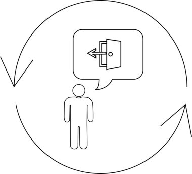 A person is thinking about an exit strategy, represented by an open door with an arrow pointing out, within a circular process.