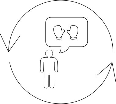 Bir insan, dairesel bir döngü içinde konuşma balonunda tasvir edilen eldivenleri düşünüyor. Görüntü siyah ve beyaz..