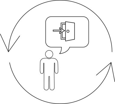 Kapı aralığı düşünce baloncuğu olan, dairesel bir okla çevrili bir insanı tasvir eden basit bir sanat çizgisi çizimi..