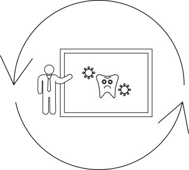 Diş çürüğünün ve ağız hijyeninin önemini vurgulayan bir sunumun görsel temsili. Resim, diş sağlığı hakkında bilgi sunan bir kişiyi resmediyor.