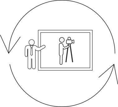 This icon represents the filming process, showing a presenter and a cameraman, within a circular arrow, symbolizing the iterative nature of production.