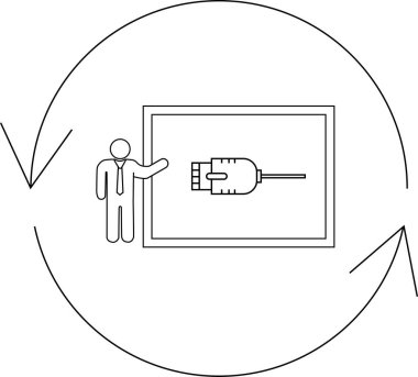 Bir adam ekranda bir ağ kablosu sunar, dairesel diyagram ile çevrili, bağlantı ve teknoloji çözümlerini sembolize eder..