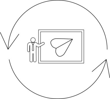 A person presents a heart-shaped paper airplane on a screen, surrounded by a circular arrow, symbolizing a continuous cycle of love and innovation.