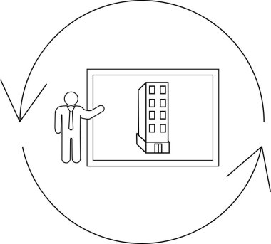 A person presents a building project, surrounded by circular arrows, symbolizing a continuous cycle or process related to the building.