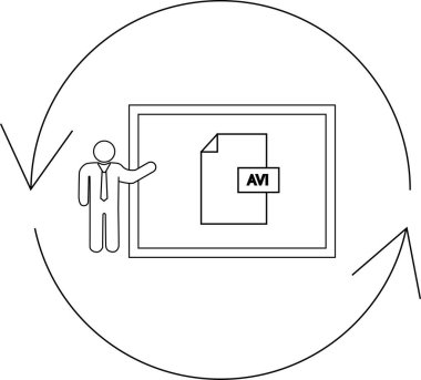 Bir ekran üzerinde sürekli döngü veya döngü gösteren dairesel bir ok ile AVI dosya biçimi sunan bir kişi.
