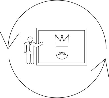 Dairesel bir okla çevrili, bir tahta üzerinde bir arma sunan bir kişi, bir süreç veya bir döngü önerir.