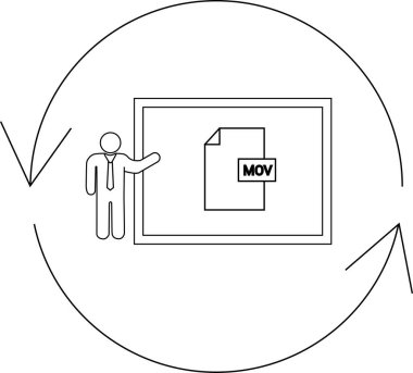 Bir sunucu, sürekli süreci ve dosya yönetimini sembolize eden dairesel bir iş akışı içinde ayarlanmış bir MOV dosyasını gösteren bir ekranın önünde duruyor.