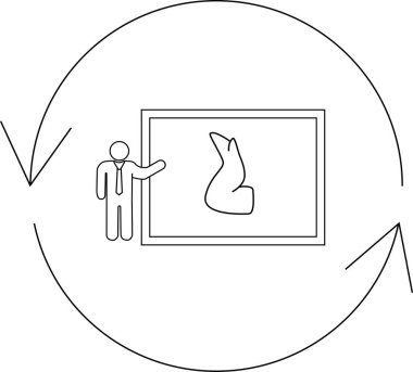 Bir sunucu, bir çizgi çizimi olarak tasvir edilen, döngüsel bir süreç içinde özetlenmiş, soyut bir biçimi gösteren bir tuval önünde duruyor..