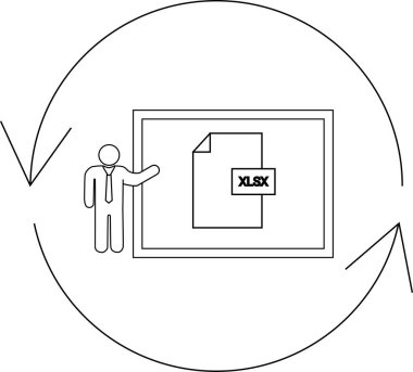 A person presents an XLSX file format on a screen, surrounded by circular arrows, symbolizing a continuous process or cycle.