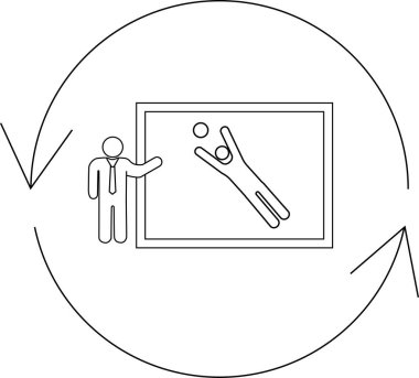 A presentation shows a diagram of a goalkeeper catching a ball, symbolizing sports strategy and teamwork. The image is in black and white.