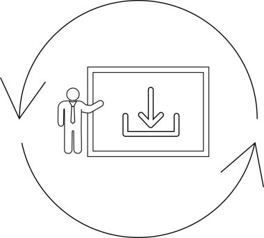 A simple line drawing depicts a presentation on data download, set within a circular workflow, symbolizing continuous improvement and iterative processes.