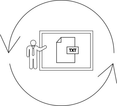 Bir sunucu TXT dosya simgesini gösteren bir ekranın önünde duruyor, dairesel oklar döngüsel bir süreci veya gözden geçirmeyi öneriyor.