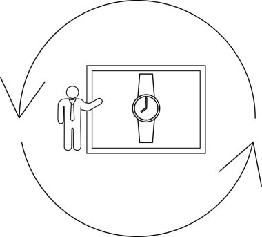 Zaman yönetimi üzerine bir sunum, saatin grafiksel ve dairesel okları, zamanın ve görevlerin döngüsel doğasını sembolize eder..