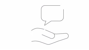 İnsansız hava aracı ikonunu konuşma balonunda tutan ve insansız hava aracı teknolojisi ve iletişimini sembolize eden bir elin temiz bir çizgisi..