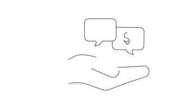 Konuşma baloncuklarındaki bir kredi kartı ve dolar işaretiyle temsil edilen, finansal çözümler sunan bir elin basit bir çizgisi..