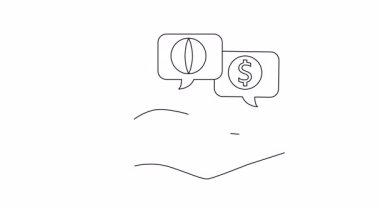 Küresel finans, uluslararası ticaret ve ekonomik büyümeyi simgeleyen minimalist bir sanat tarzında küresel finans ve dolar işareti olan konuşma baloncuklarını tutan bir el..