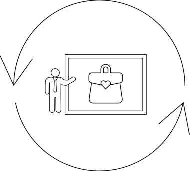 İçinde kalp ve amaç olan bir evrak çantasının bulunduğu bir iş sunumu dairesel bir akış içinde geçen tutku ve amacı sembolize ediyor ve sürekli bir iyileşme ve geri bildirim öneriyor..
