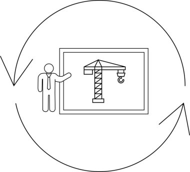 Dairesel bir döngü içinde sürekli ilerleme ve gelişimi sembolize eden bir vinç illüstrasyonunun yer aldığı bir inşaat projesi sunumu tasvir edilmiştir..