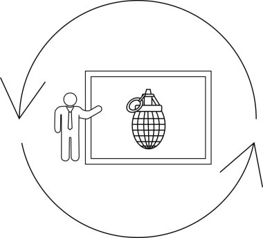A symbolic representation of violence and destruction, featuring a person presenting a grenade on a screen within a looping cycle.