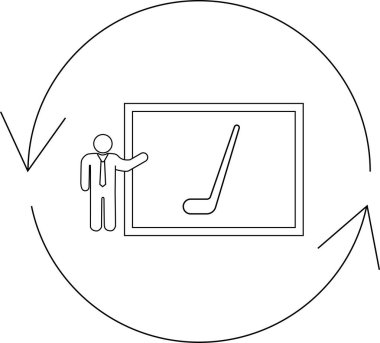 Takım elbiseli bir kişi, sürekli planlama ve adaptasyonu sembolize eden dairesel akış diyagramına sarılı bir hokey stratejisi sunar..