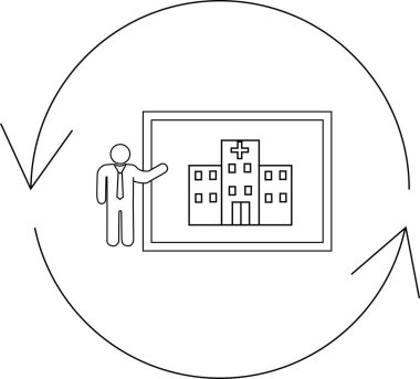 Dairesel bir süreç dahilinde bir hastane binasının sunumu, sürekli iyileşmeyi ve sağlık hizmetlerini döngüsel bir şekilde sembolize ediyor.