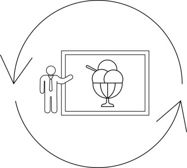 A minimalist line art illustration depicting a person presenting an ice cream image, symbolizing business, food, and cyclical processes. Ideal for presentations and conceptual visuals.