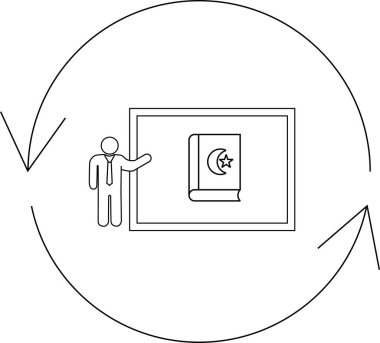 A teacher presents the Quran in front of a whiteboard, symbolizing a continuous cycle of Islamic education and knowledge dissemination.