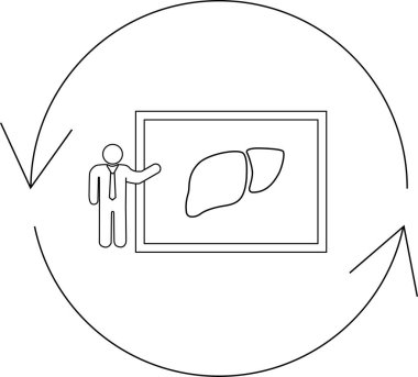 Karaciğer diyagramı sunan bir kişi, karaciğer sağlığı bilgisi ve eğitimin döngüsel doğasını sembolize ediyor..