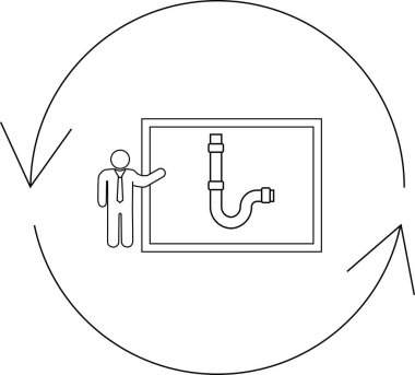 Bir iş adamı, bir iş veya teknoloji bağlamında süreçleri veya sistem akışını sembolize eden dairesel oklarla çevrili bir tesisat şeması sunar..