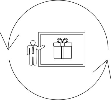 Basit bir çizim, ekranda bir hediye kutusu sunan, dairesel oklarla çevrili, değişimi veya dolaşımı sembolize eden bir kişiyi tasvir eder..