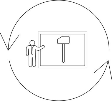 A presenter showing a hammer on a board, surrounded by a circular process diagram, symbolizing construction or repair in a cycle.