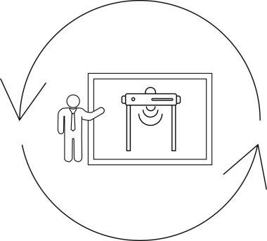 A person presents a security scanner, surrounded by arrows indicating a cycle or process, in a simple line drawing.