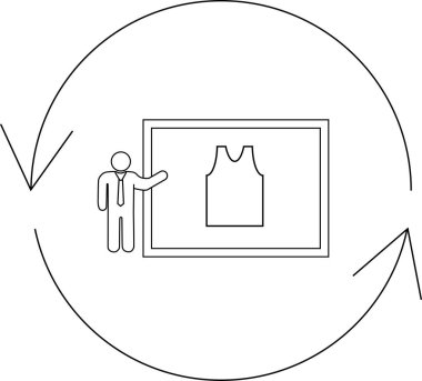 A presenter shows a tank top on a screen within a circular flow, symbolizing fashion or product cycle.