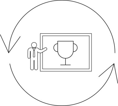 A person presenting an award on a screen, surrounded by a cyclical arrow, representing continuous feedback and improvement.