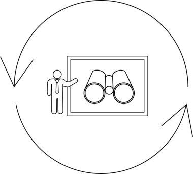 A presentation showing binoculars within a circular flow, symbolizing vision strategy and continuous improvement. The image represents planning, analysis, and strategic thinking.