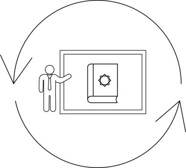 A symbolic representation of a person presenting a book with Islamic symbols, within a circular arrow, suggesting a cycle of learning and teaching.