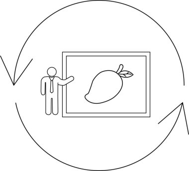 A person presenting a mango fruit on a board, surrounded by a circular diagram, suggesting a cycle or process.