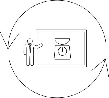A person presenting a balance scale, symbolizing weight measurement and equilibrium, within a circular flow diagram.
