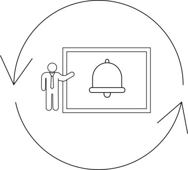Basit bir çizgi, çan simgesini dairesel bir çalışma akışı içinde gösteren bir kişiyi ekranın önünde gösterir..