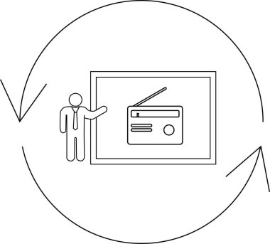 Bir sunucu, yayını, geri bildirimi veya döngüsel iletişim süreçlerini öneren, oklarla çevrili bir radyoyu gösteren bir ekranın önünde duruyor..