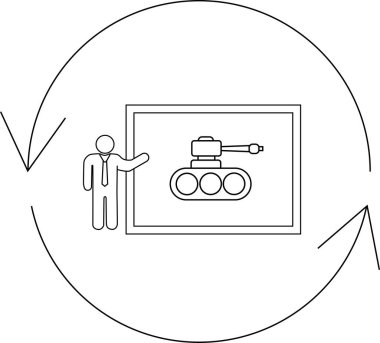 Bir sunucu, stratejik askeri planlamayı ve döngüsel süreçleri sembolize eden dairesel bir okun içindeki bir tankın diyagramının yanında duruyor..