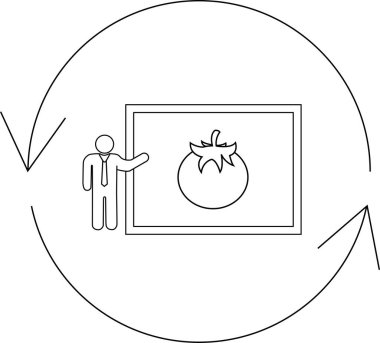 Bir iş adamı, domateslerle ilgili bilgi veya fayda döngüsünü sembolize eden bir domatesi beyaz tahtada sunar..