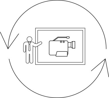 A video production presentation is depicted with looping arrows, a presenter icon, and a camera on screen, symbolizing continuous video creation.