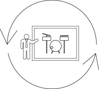 Illustration of a teacher giving a drum lesson, with a diagram of a drum set on the board, surrounded by a circular arrow.