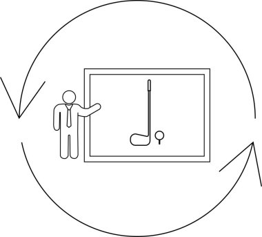 A presentation on golf strategy is depicted with a person pointing to a visual aid showing a golf club and ball, surrounded by circular arrows.